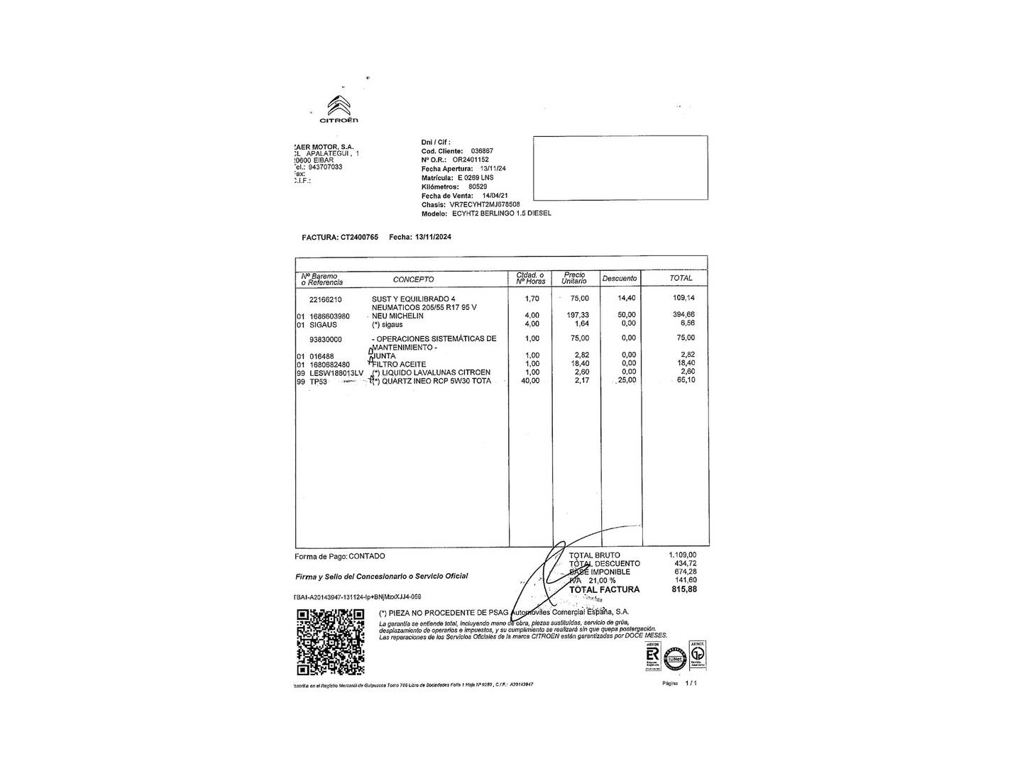 Foto del mantenimiento del Citroën Berlingo Citroen Berlingo S&S Talla M Shine (102 CV)