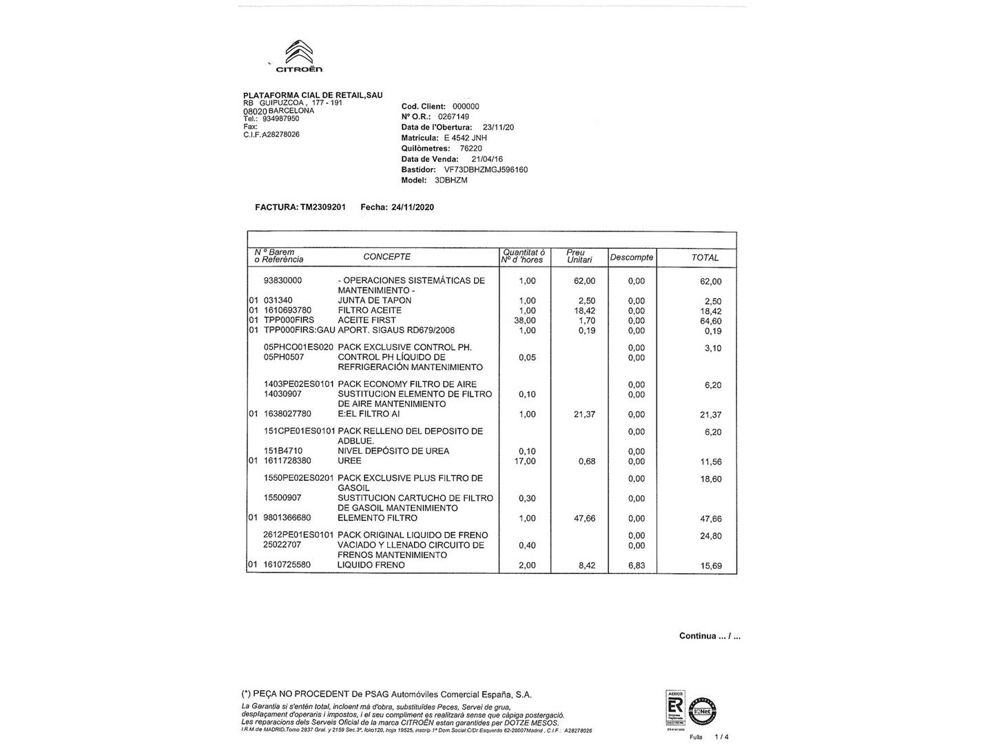 Foto del mantenimiento del Citroën C4 Picasso Citroën C4 Picasso BlueHDi 120 Feel (120 CV)