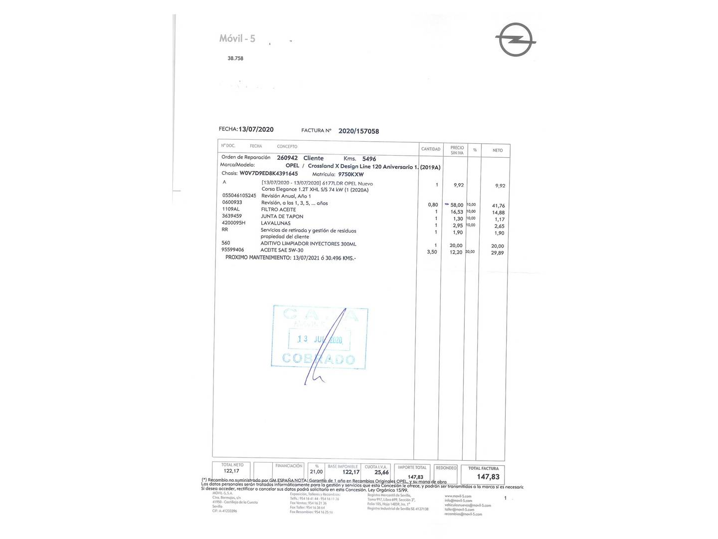 Foto del mantenimiento del Opel Crossland X Opel Crossland X 1.2 S&S Design Line 120 Aniversario (110 CV)