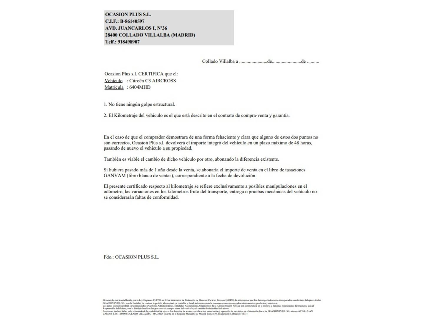 Foto del certificado del Citroën C3 Aircross Citroen C3 Aircross PureTech 110 S&S Shine (110 CV)