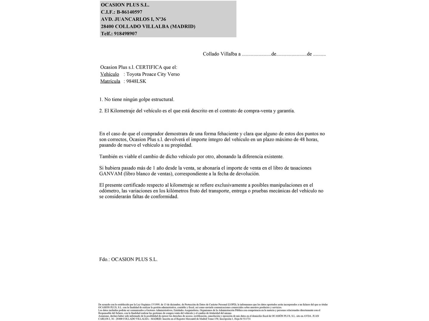 Foto del certificado del Toyota Proace City Verso Toyota Proace City Verso 1.2 Family Active L1(110 CV)