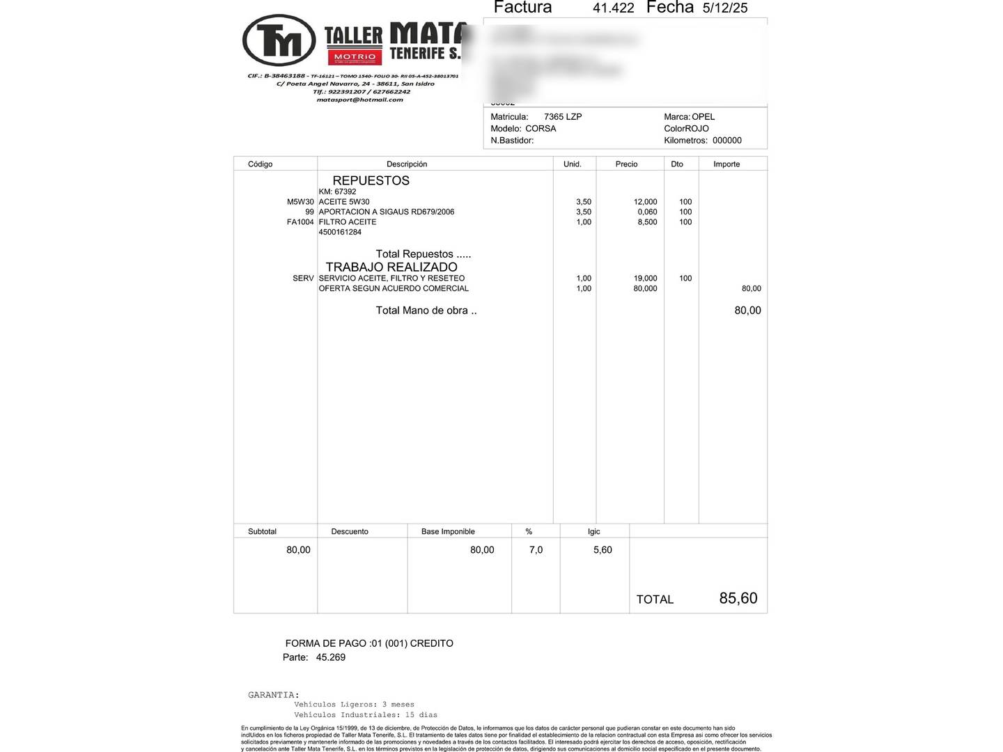 Foto del mantenimiento del Opel Corsa Opel Corsa 1.2 Turbo XHT GS-Line Auto (130 CV)