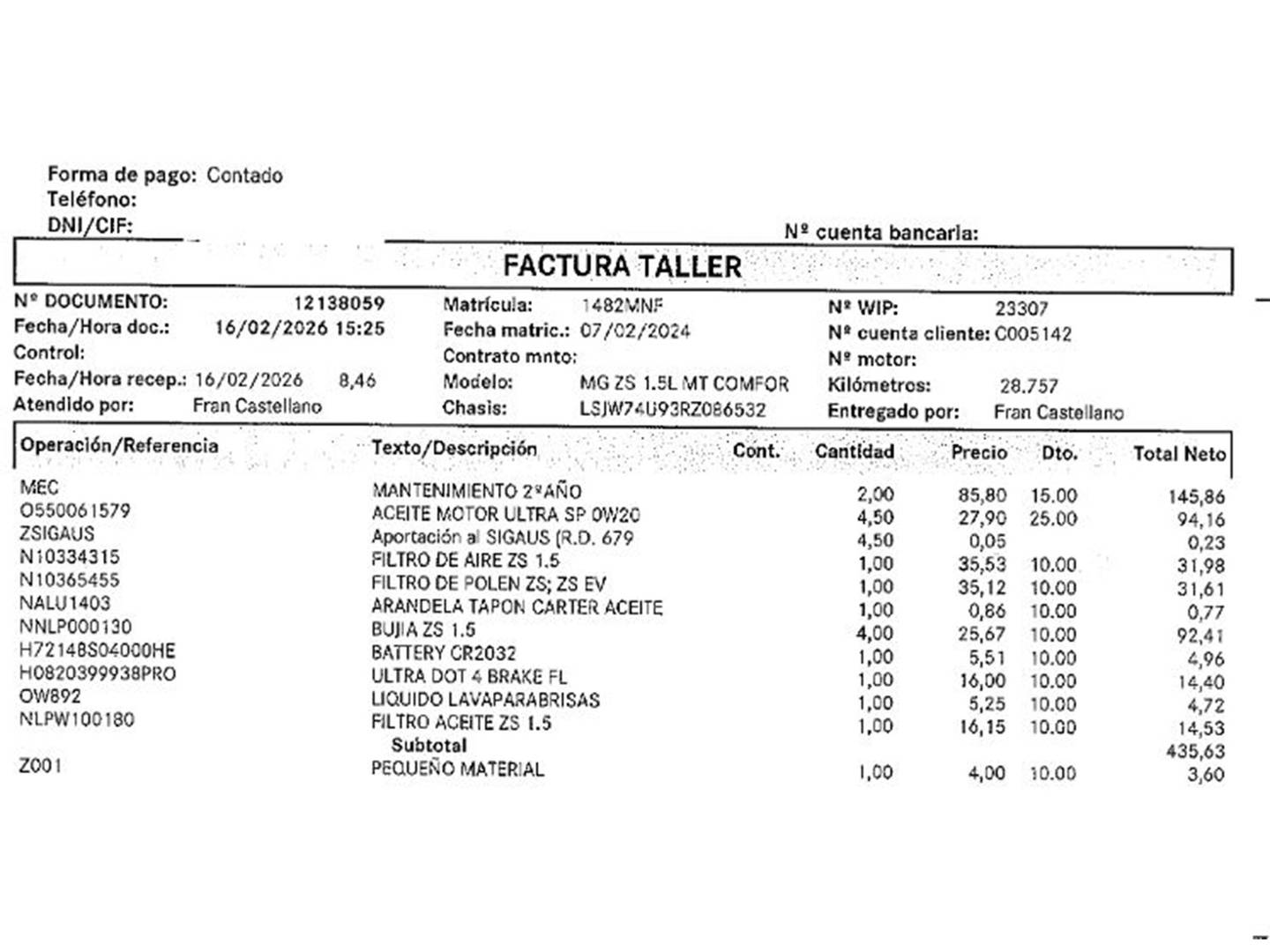 Foto del mantenimiento del MG ZS MG ZS 1.5 Comfort (106 CV)