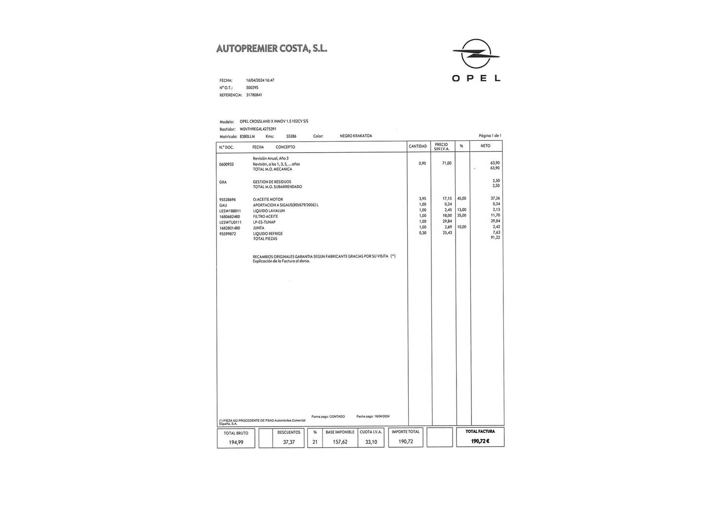 Foto del mantenimiento del Opel Crossland X Opel Crossland X 1.5D Innovation (102 CV)