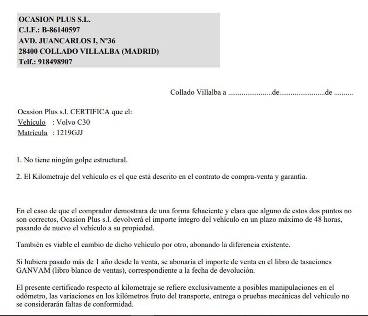 Foto del certificado del Volvo C30 Volvo C30 1.8 Momentum (125 CV)