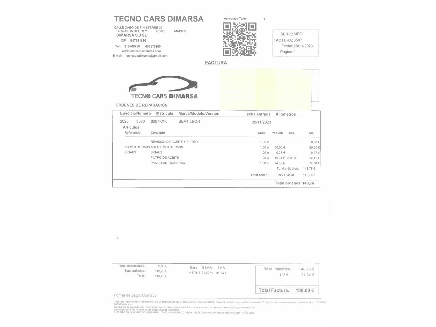 Foto del mantenimiento del Seat León Seat León 1.4 TGI GNC S&S Style (110 CV)