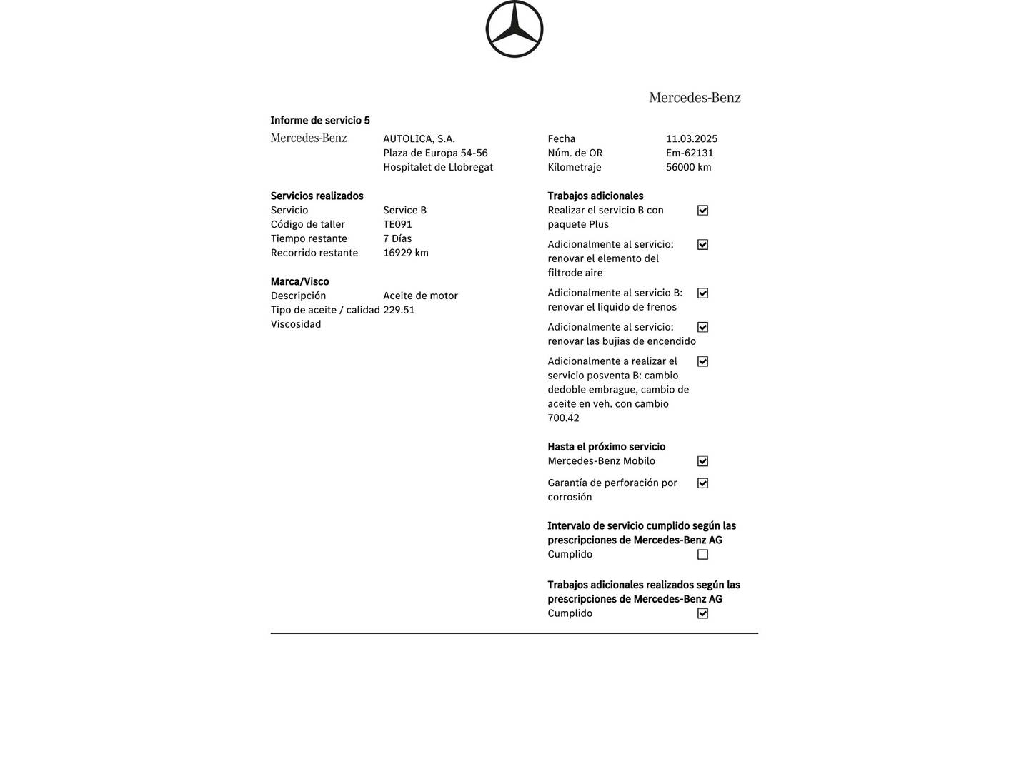 Foto del mantenimiento del Mercedes Clase A Mercedes-Benz Clase A 200 (163 CV)