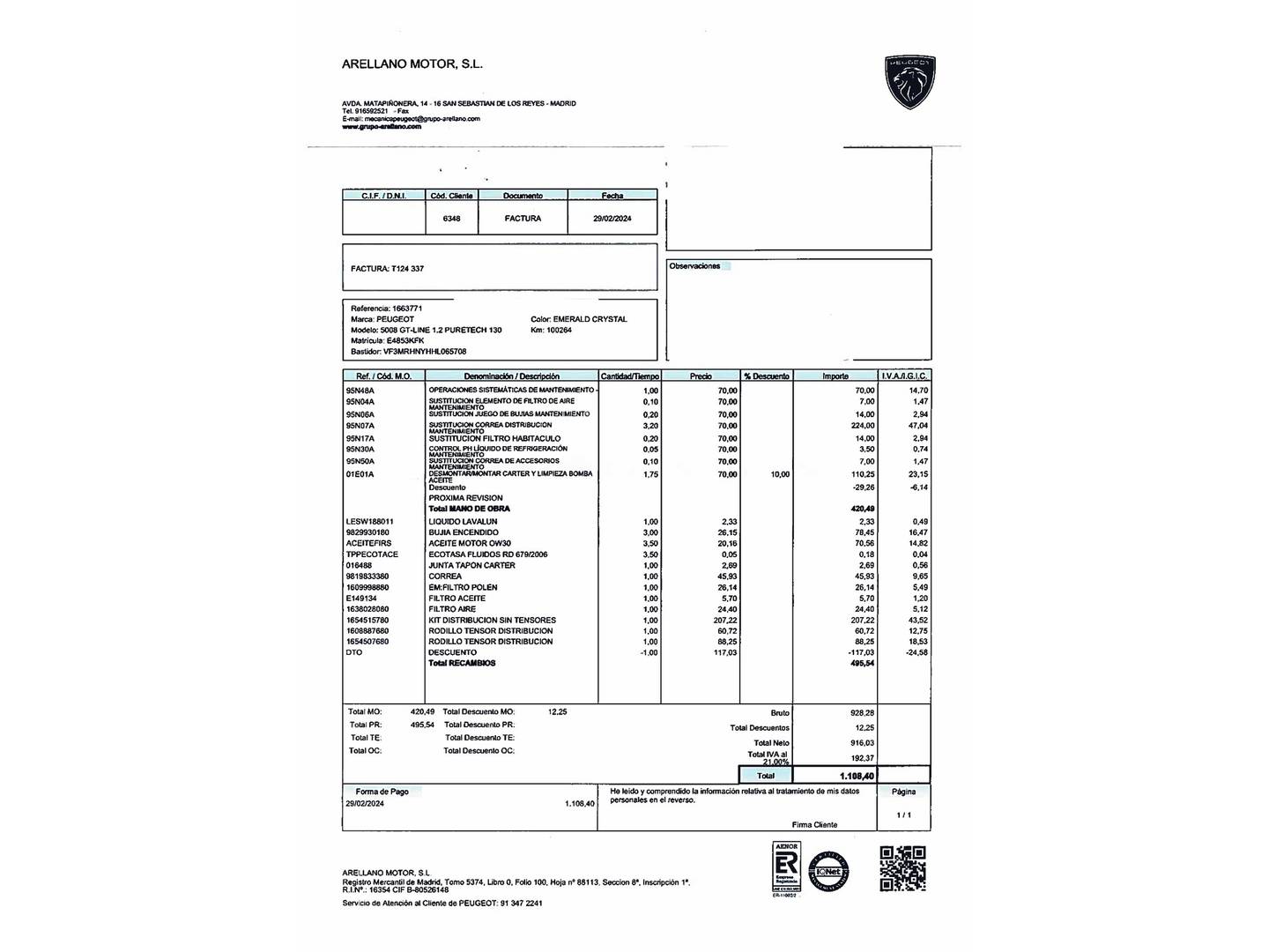 Foto del mantenimiento del Peugeot 5008 Peugeot 5008 PureTech 130 GT Line (130 CV) 7 plazas