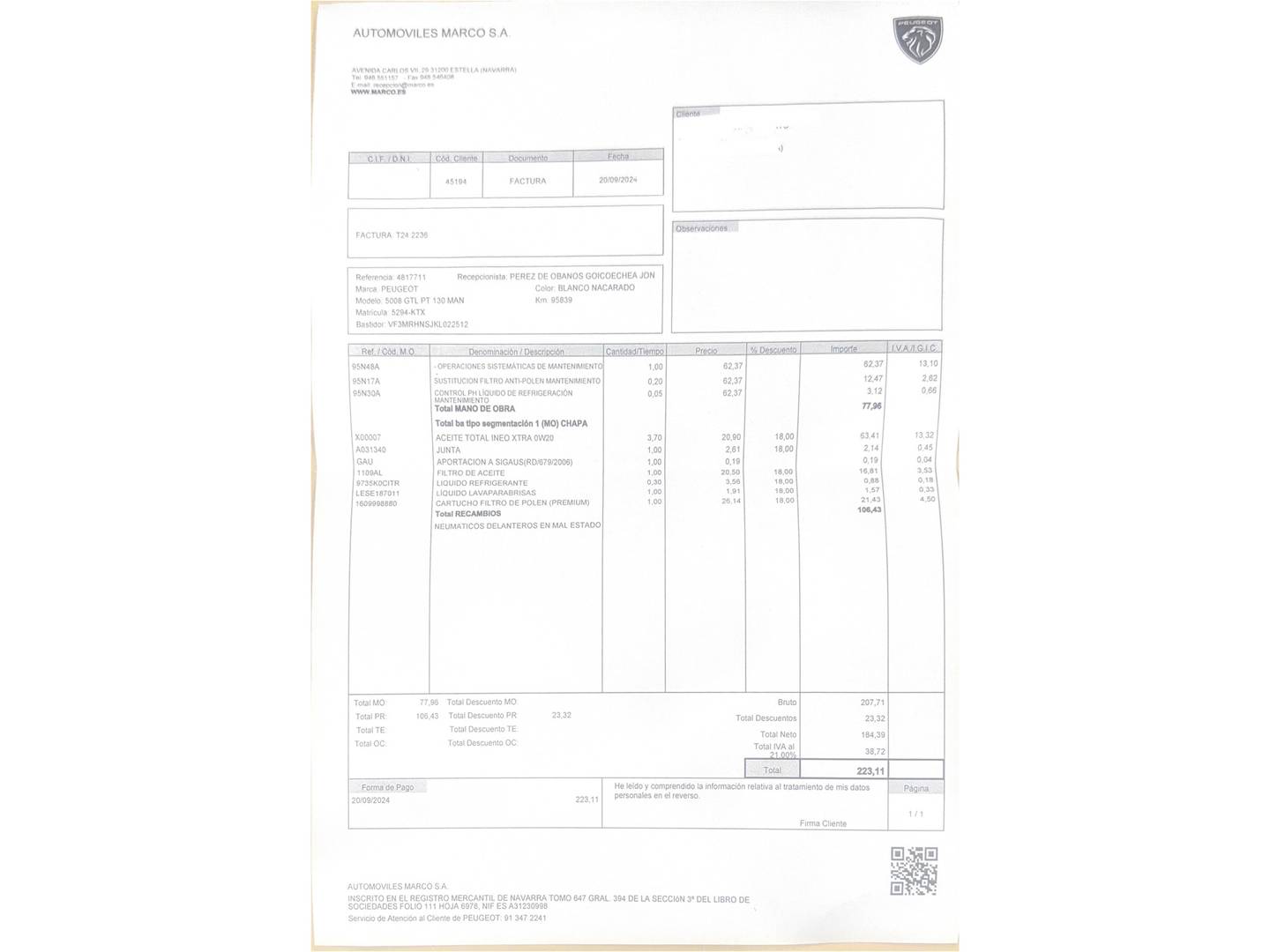 Foto del mantenimiento del Peugeot 5008 Peugeot 5008 PureTech 130 GT Line (130 CV)