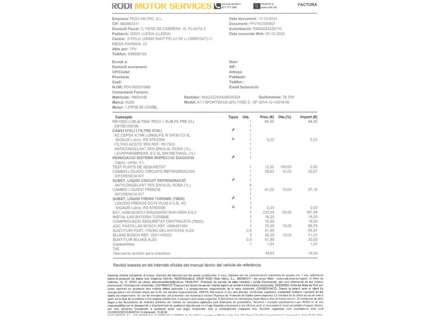 Foto del mantenimiento del Audi A1 Audi A1 Sportback Adrenalin 1.0 TFSI  (95 CV) Pack S-line