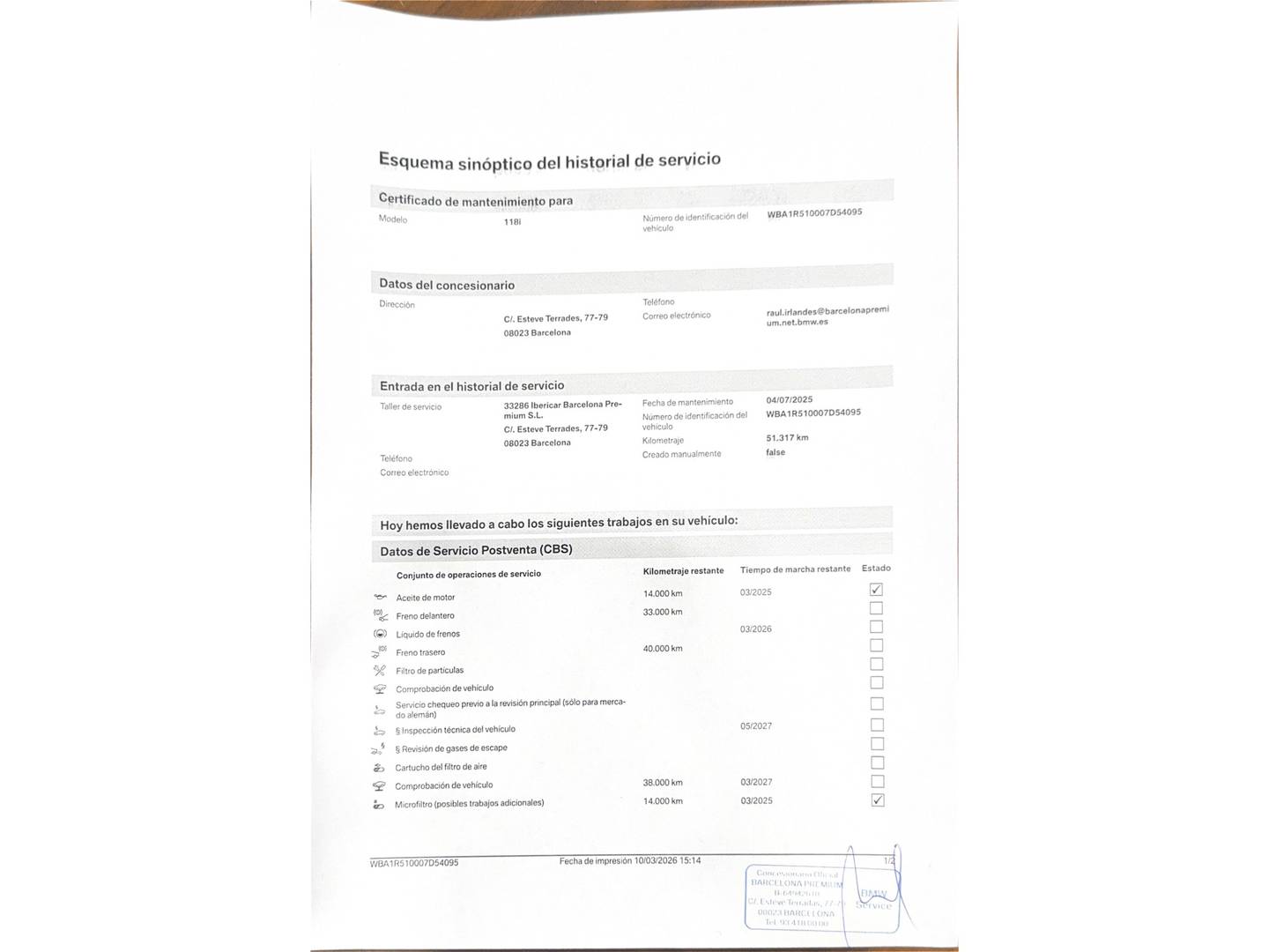 Foto del mantenimiento del BMW Serie 1 BMW Serie 1 118i (136 CV) Pack M