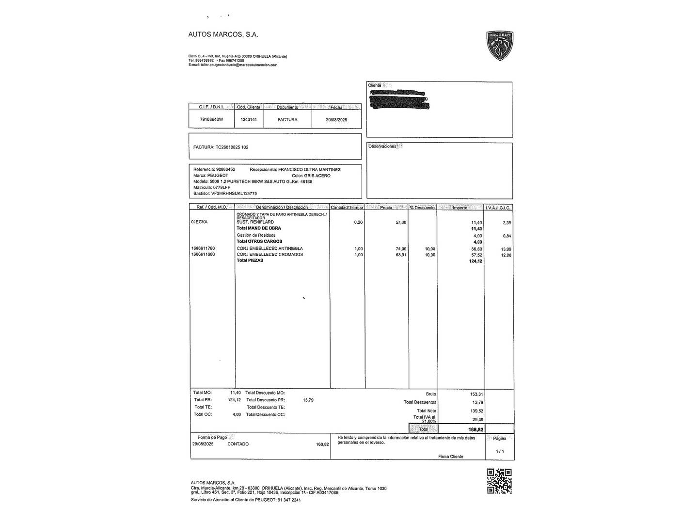 Foto del mantenimiento del Peugeot 5008 Peugeot 5008 PureTech 130 GT Line EAT8 (130 CV) (7 Plazas)