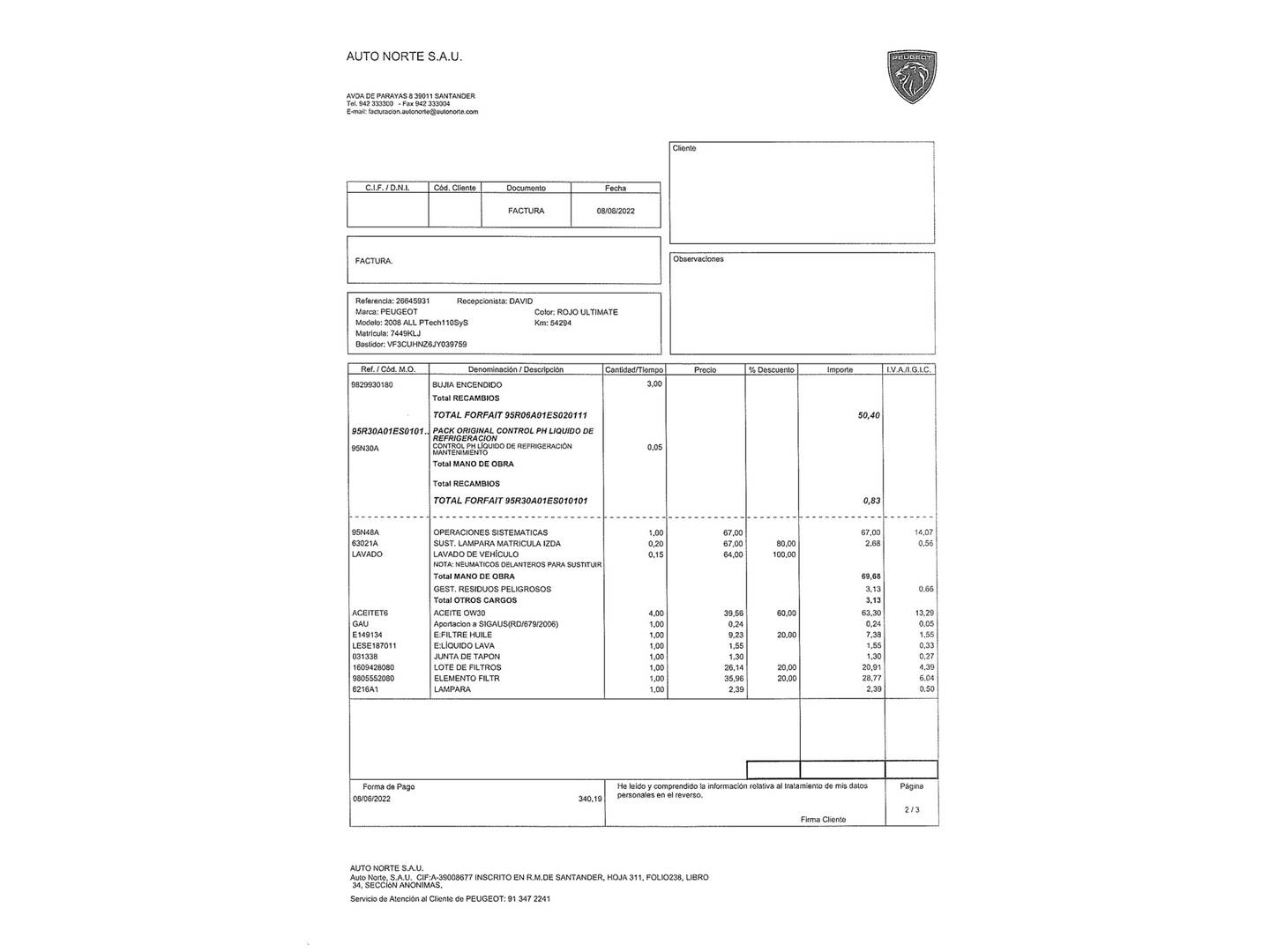 Foto del mantenimiento del Peugeot 2008 Peugeot 2008 PureTech 110 S&S Allure (110 CV)