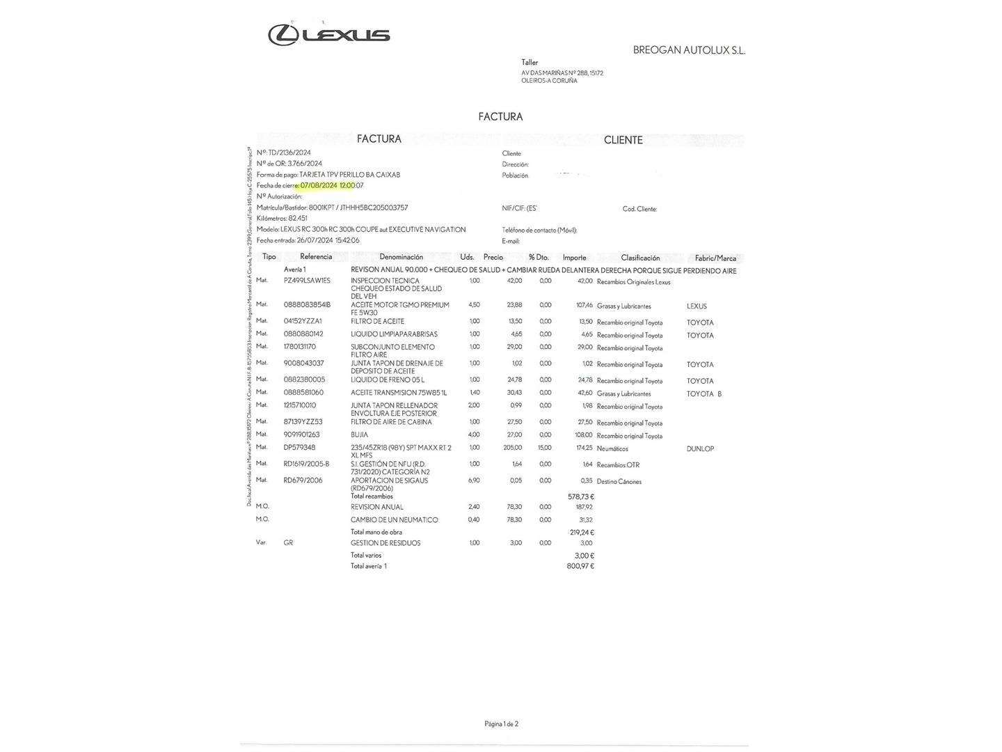 Foto del mantenimiento del Lexus RC Lexus RC RC 300h Executive Navi NEDC (223 CV)