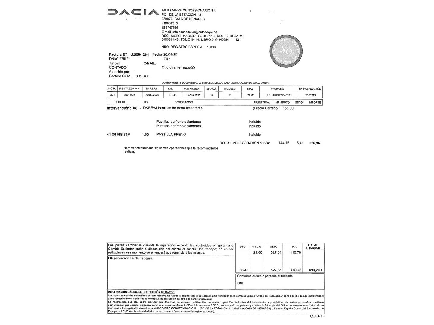 Foto del mantenimiento del Dacia Sandero Dacia Sandero Stepway Comfort TCe (91 CV)