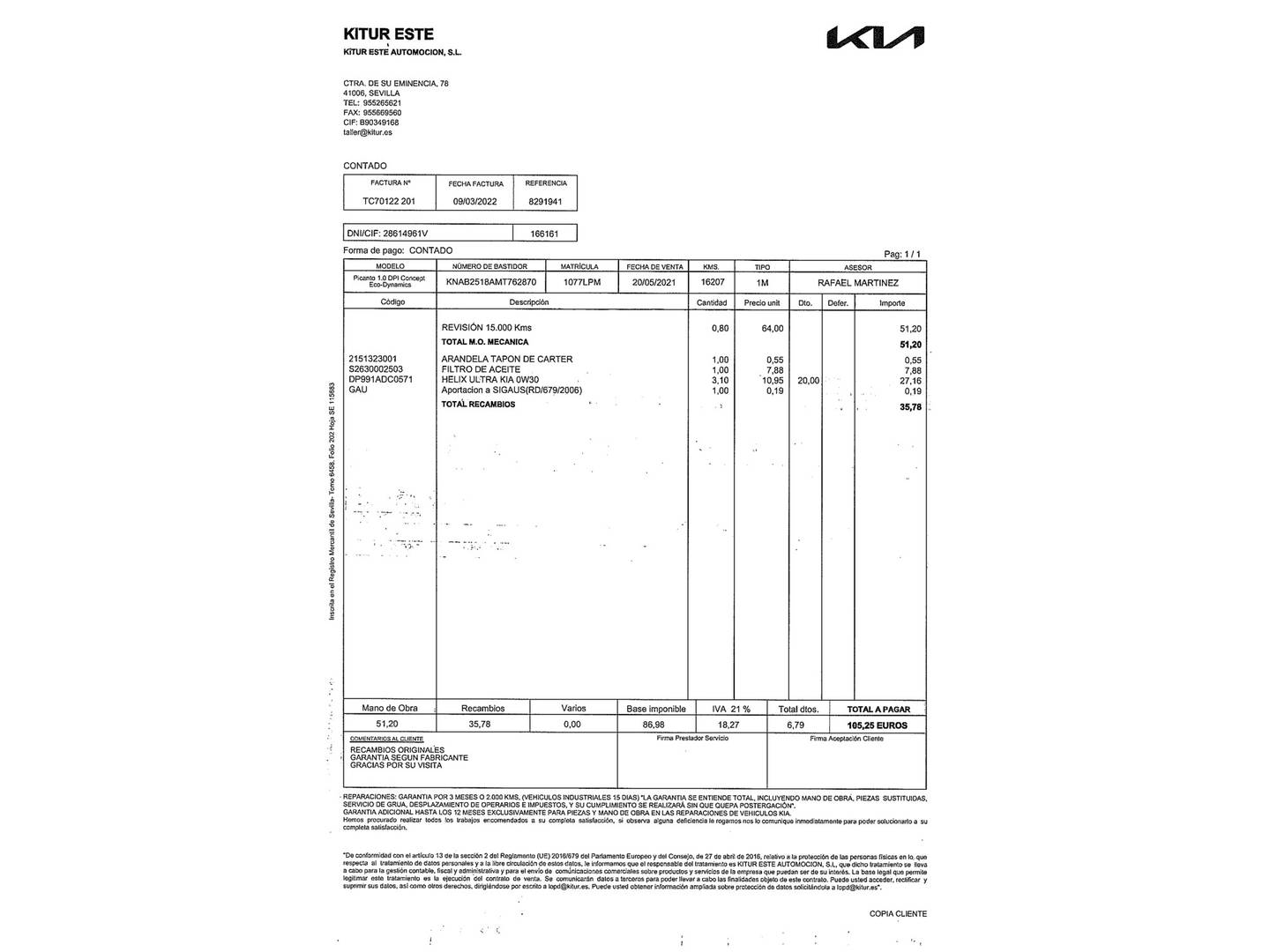 Foto del mantenimiento del KIA Picanto KIA Picanto 1.0 DPi Concept (67 CV)