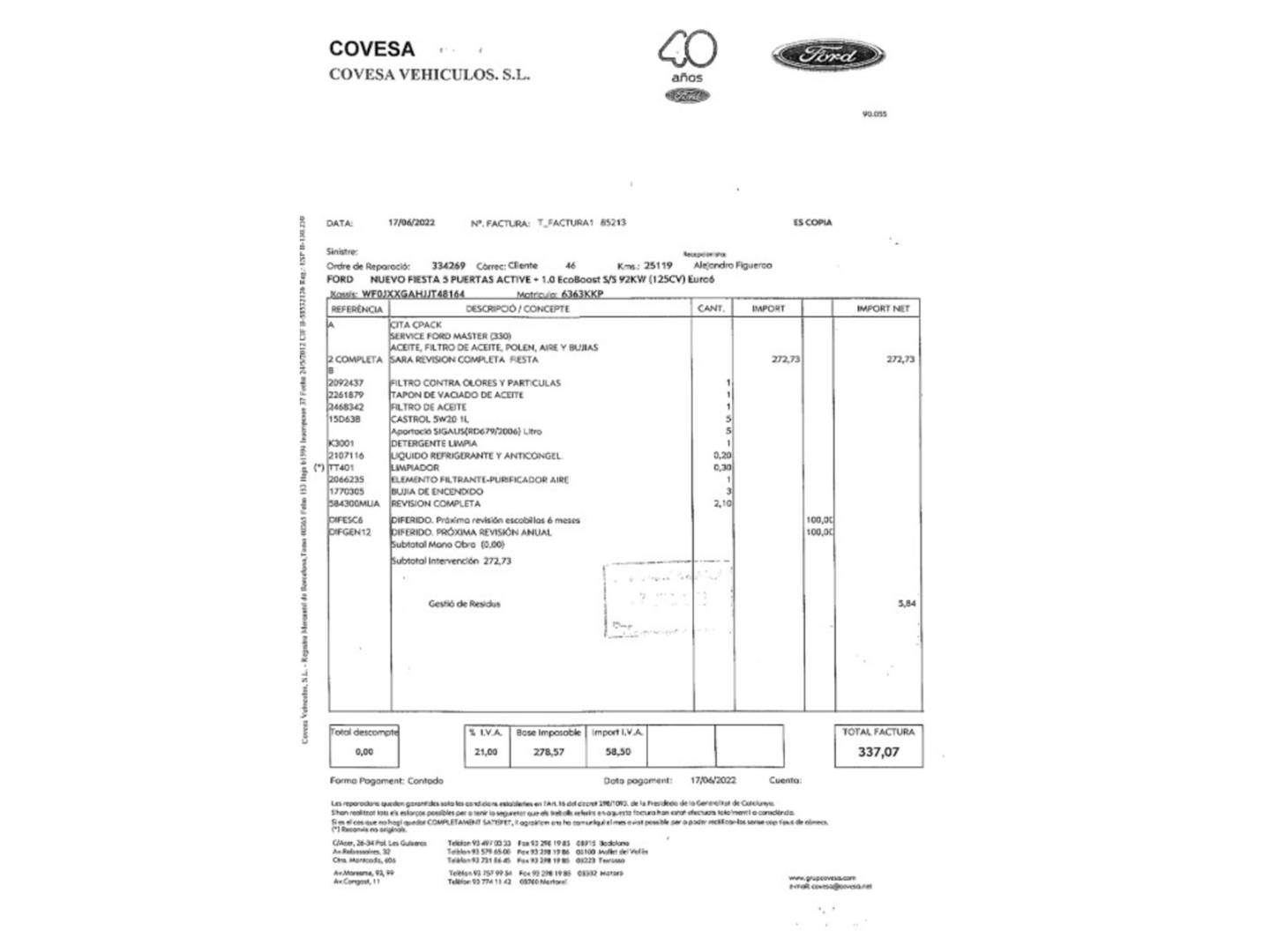 Foto del mantenimiento del Ford Fiesta Ford Fiesta 1.0 EcoBoost Active+ (125 CV)
