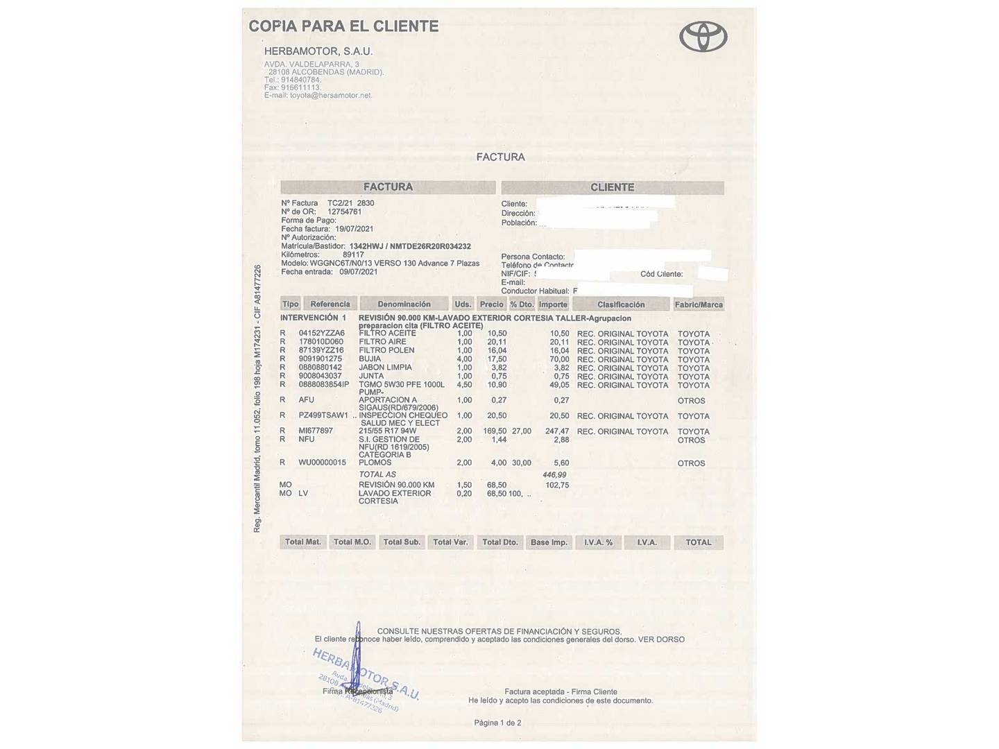Foto del mantenimiento del Toyota Verso Toyota Verso 130 Advance (132 CV)