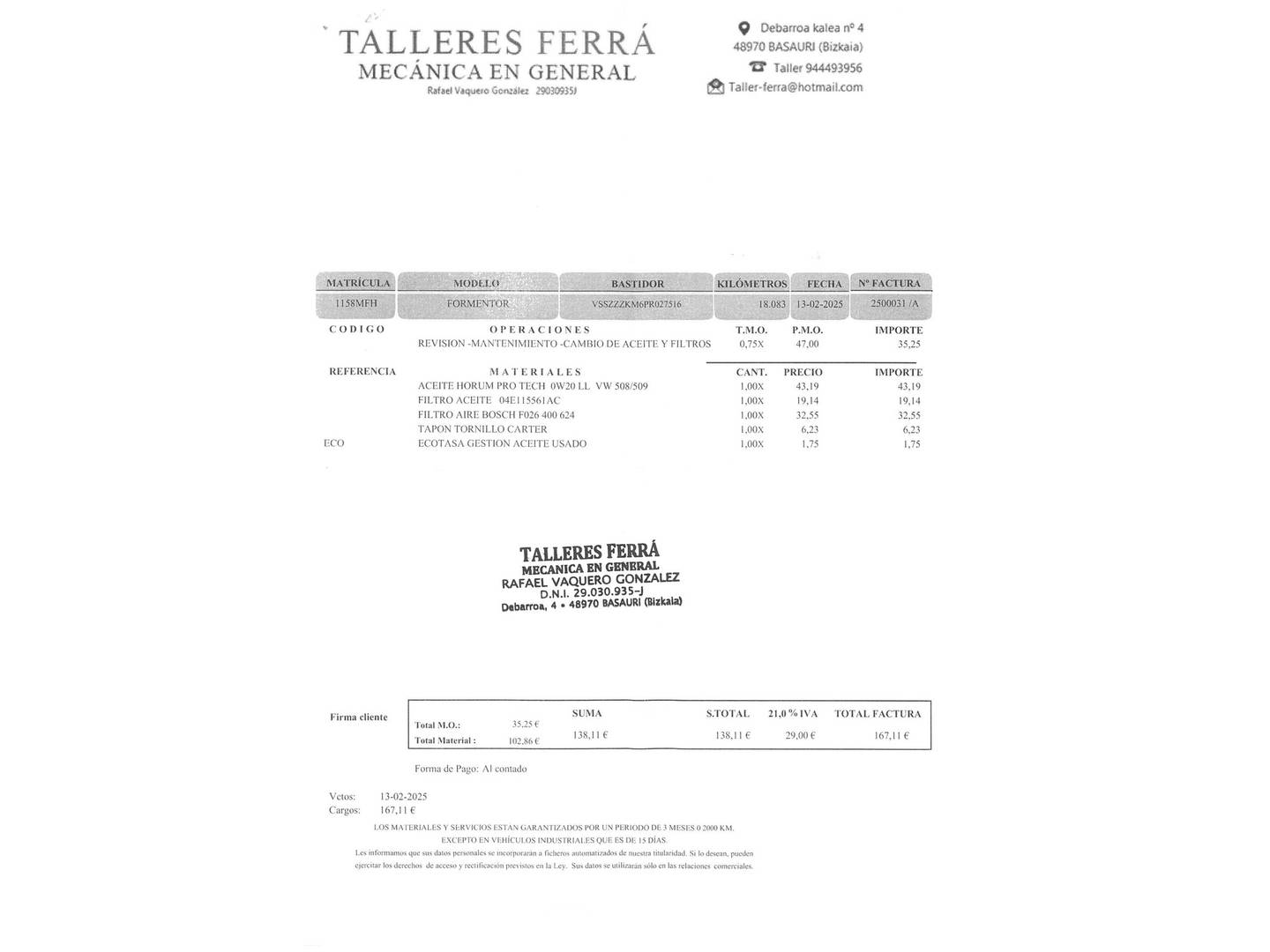 Foto del mantenimiento del Cupra Formentor Cupra Formentor 1.5 TSI DSG (150 CV)