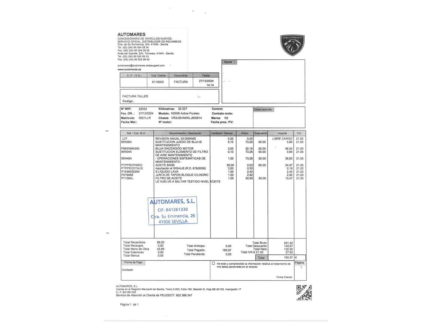 Foto del mantenimiento del Peugeot 2008 Peugeot 2008 PureTech 100 S&S Active (100 CV)