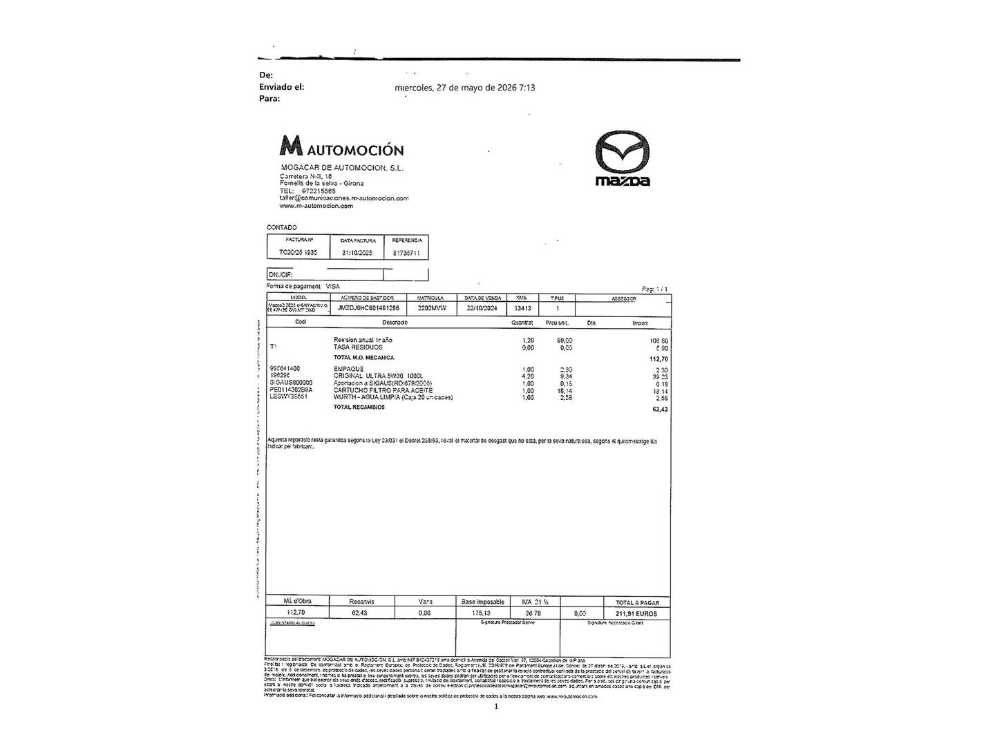Foto del mantenimiento del Mazda Mazda2 Mazda Mazda 2 e-SKYACTIV G Homura (90 CV)