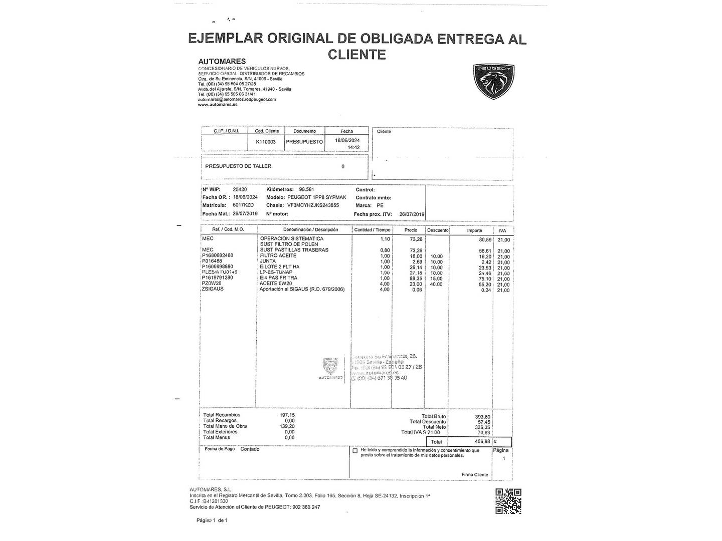 Foto del mantenimiento del Peugeot 3008 Peugeot 3008 BlueHDI 130 S&S Allure (130 CV)
