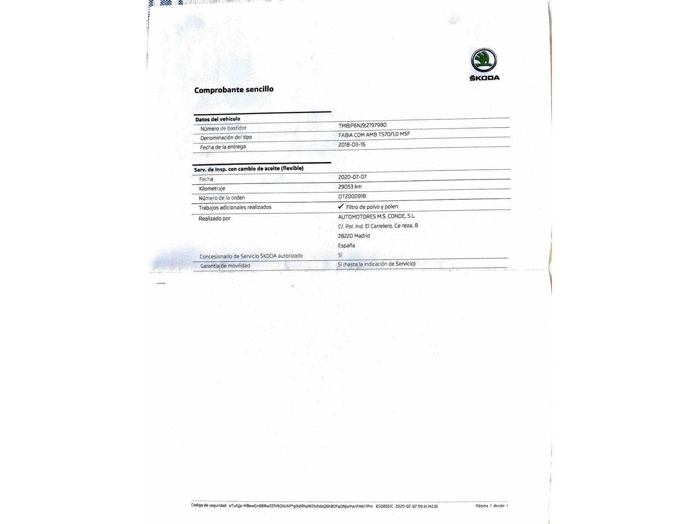 Foto del mantenimiento del Skoda Fabia Skoda Fabia Combi 1.0 TSI Like (95 CV)