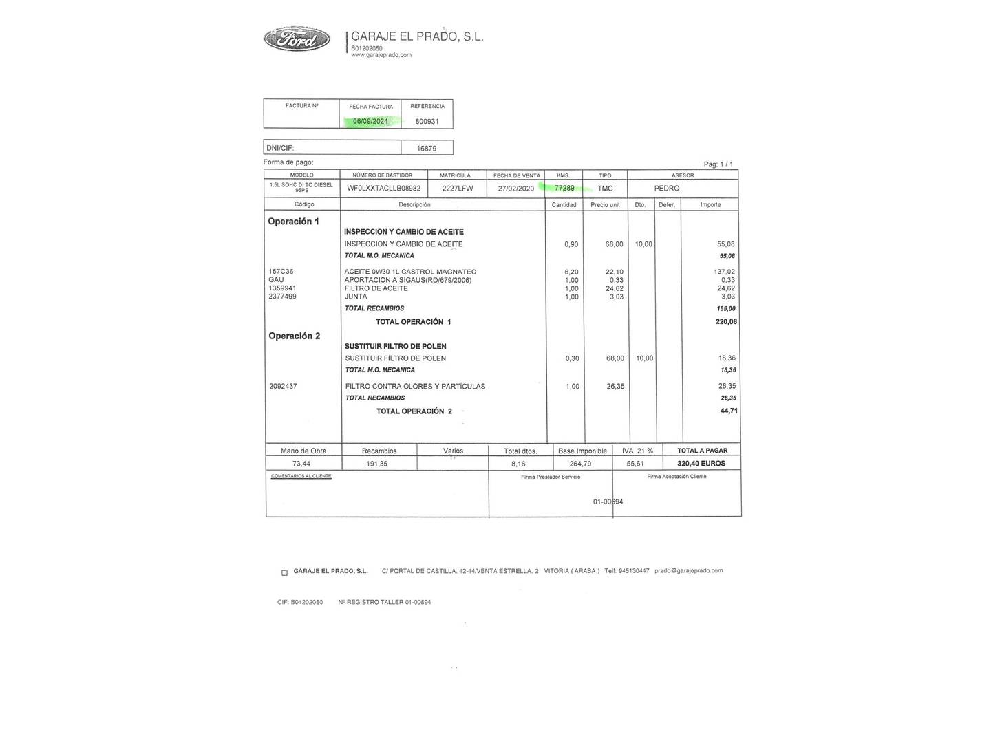 Foto del mantenimiento del Ford Tourneo Courier Ford Tourneo Courier 1.5 TDCi Titanium (100 CV)