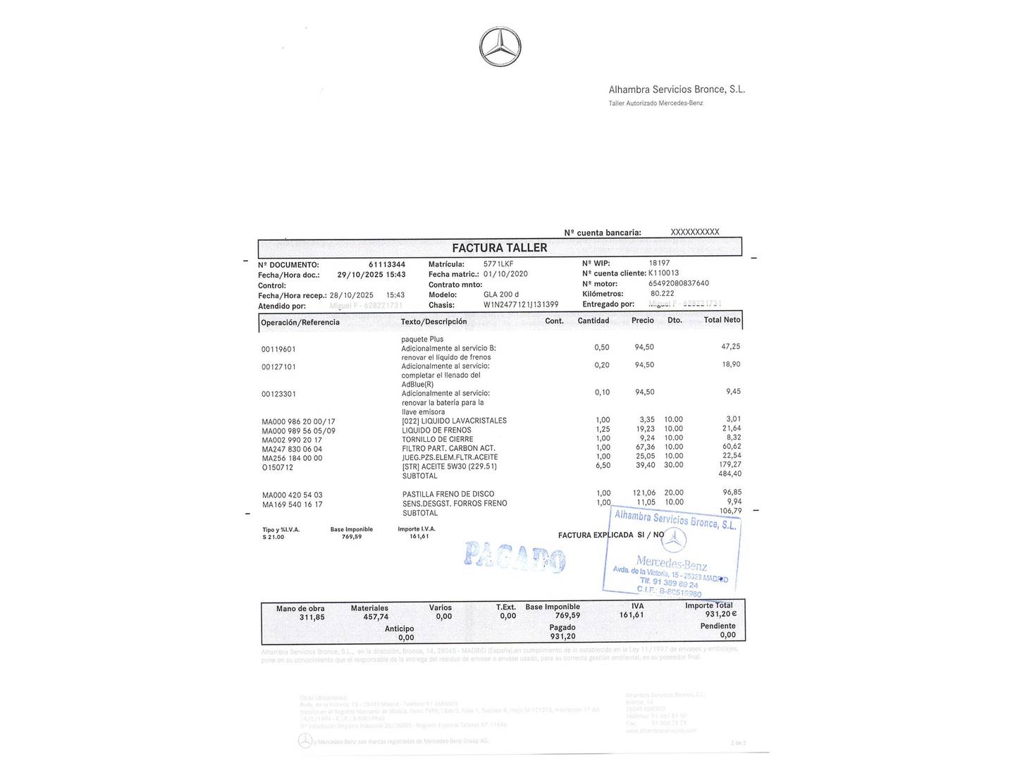 Foto del mantenimiento del Mercedes GLA Mercedes GLA 200 d (150 CV) Pack AMG