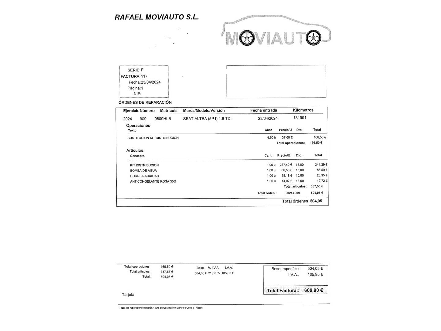 Foto del mantenimiento del Seat Altea Seat Altea 1.6 TDI Reference E-Ecomotive (105 CV)