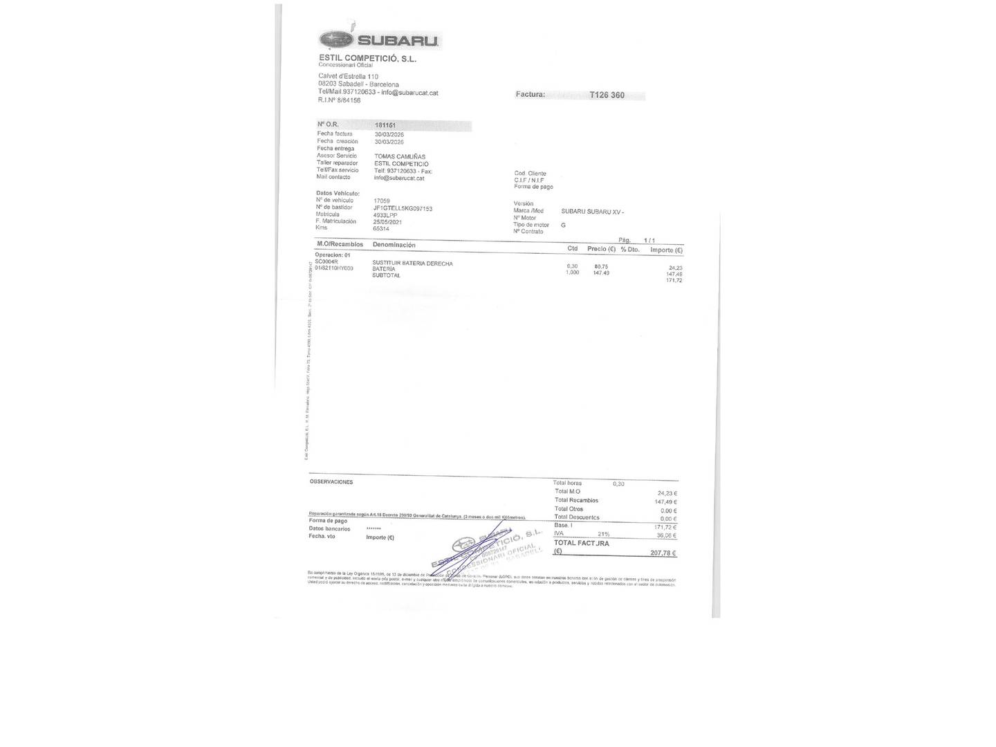 Foto del mantenimiento del Subaru XV Subaru XV 2.0i Hybrid Sport Plus CVT  (150 CV)