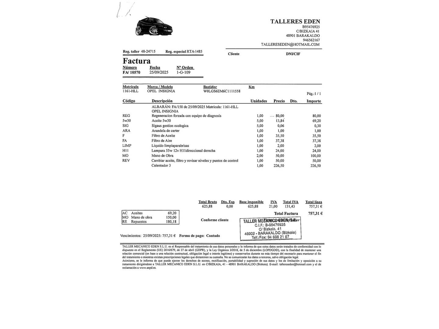 Foto del mantenimiento del Opel Insignia Opel Insignia 2.0 CDTI ecoFlex S&S Sportive (160 CV)