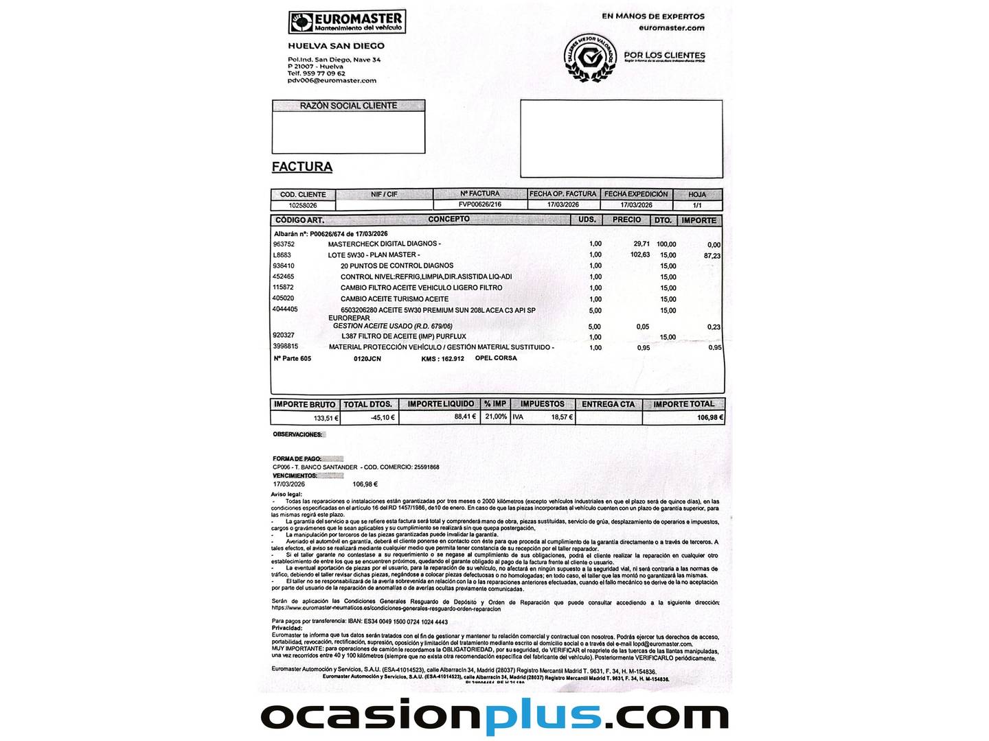 Foto del mantenimiento del Opel Corsa Opel Corsa 1.4 Selective (90 CV)