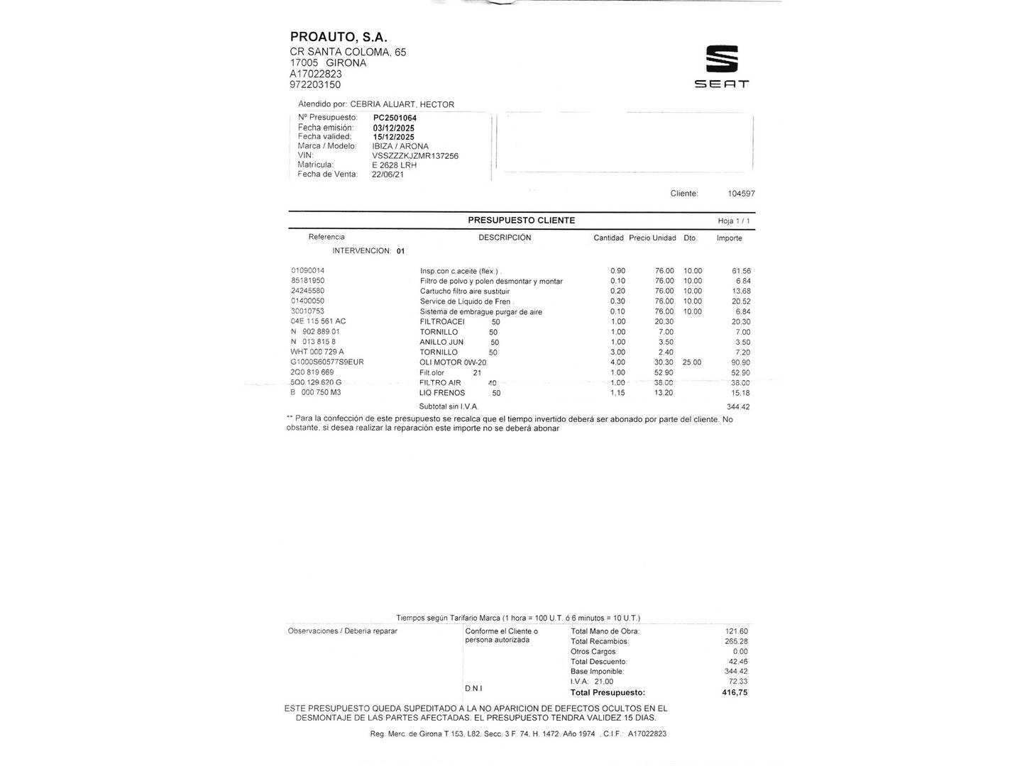 Foto del mantenimiento del Seat Ibiza Seat Ibiza 1.0 TSI FR (110 CV)