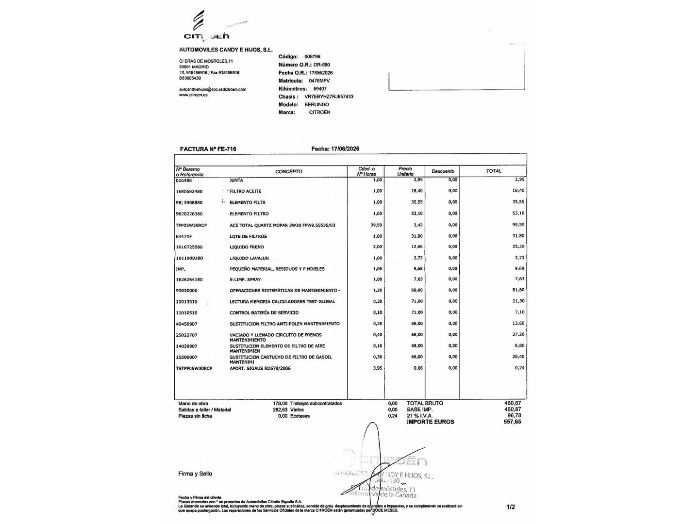 Foto del mantenimiento del Citroën Berlingo Citroën Berlingo BlueHDi 130 S&S Talla M Max Auto (130 CV)