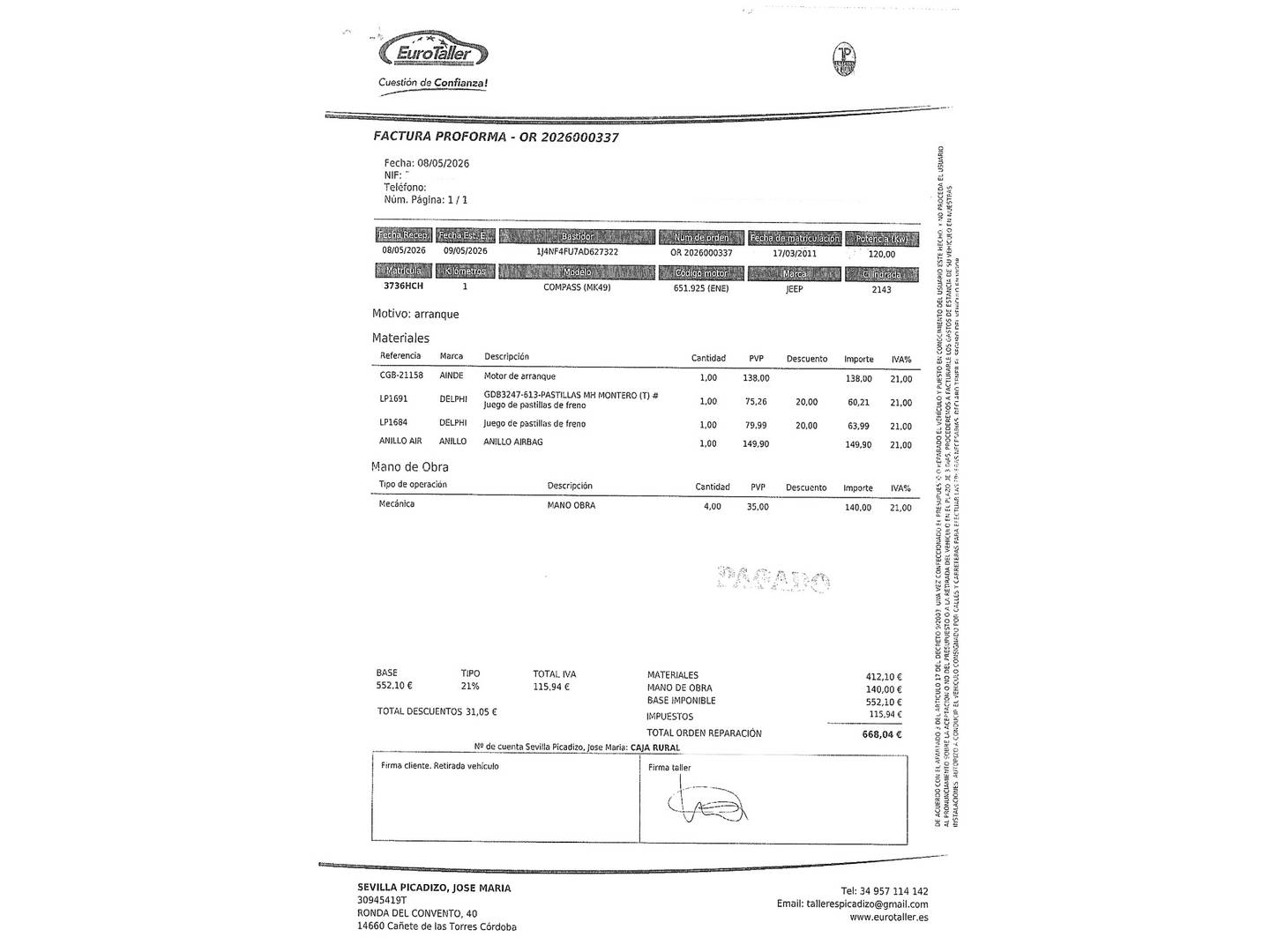 Foto del mantenimiento del Jeep Compass Jeep Compass 2.2 CRD Sport 4x4 (163 CV)