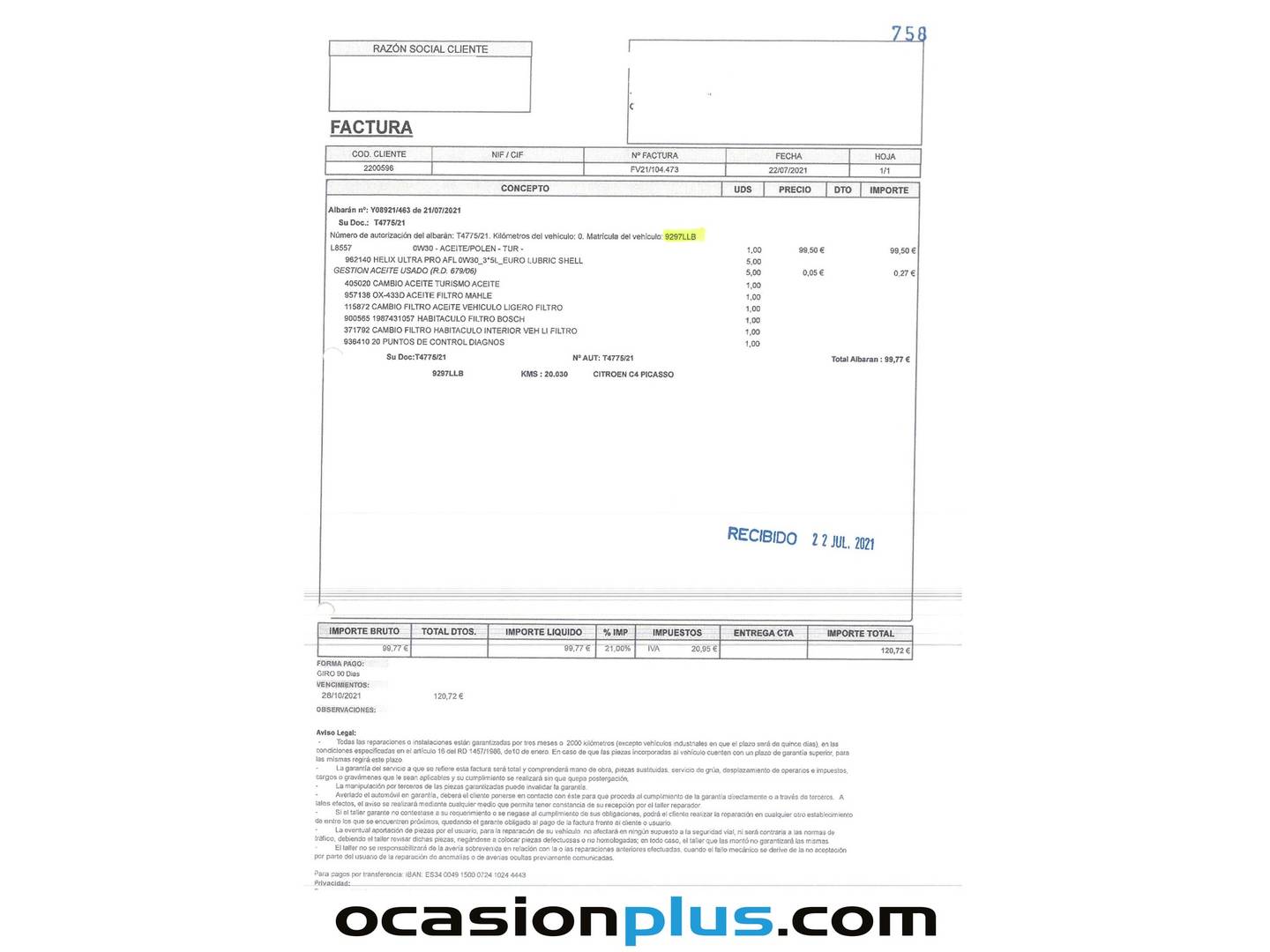 Foto del mantenimiento del Citroën C4 Spacetourer Citroën C4 Spacetourer PureTech 130 S&S Feel EAT8 (130 CV)