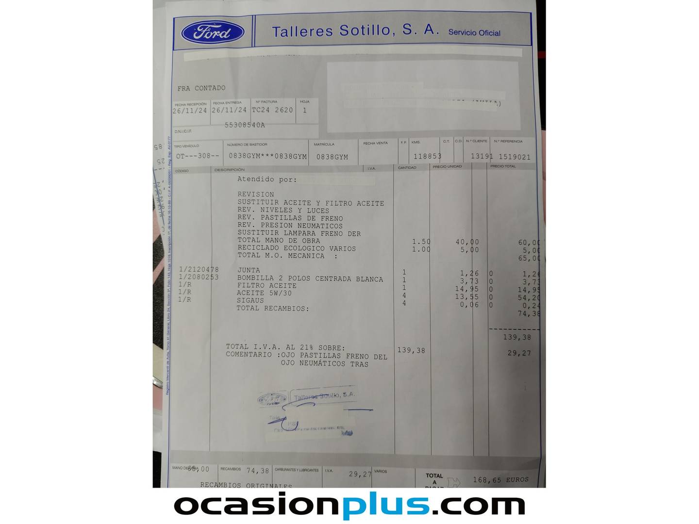 Foto del mantenimiento del Peugeot 308 Peugeot 308 1.6 VTi Sportium (120 CV)