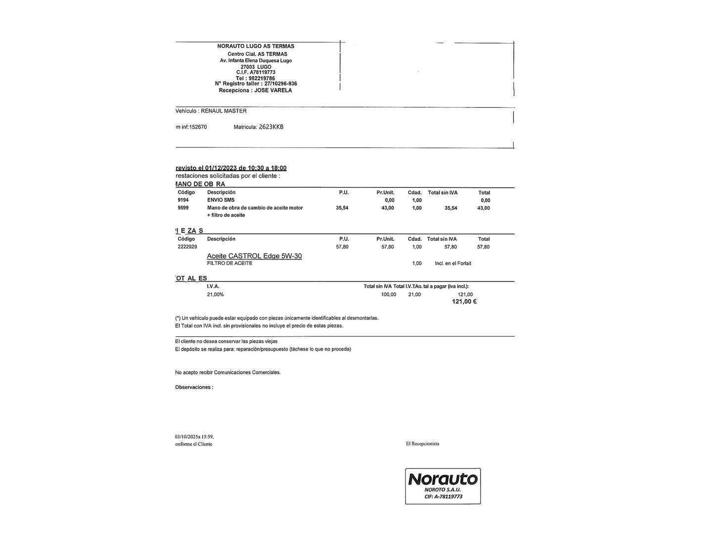 Foto del mantenimiento del Renault Master Renault Master Furgon dCi 130 DC T L2H2 3500 E6 (130 CV) Camperizada 3 Plazas