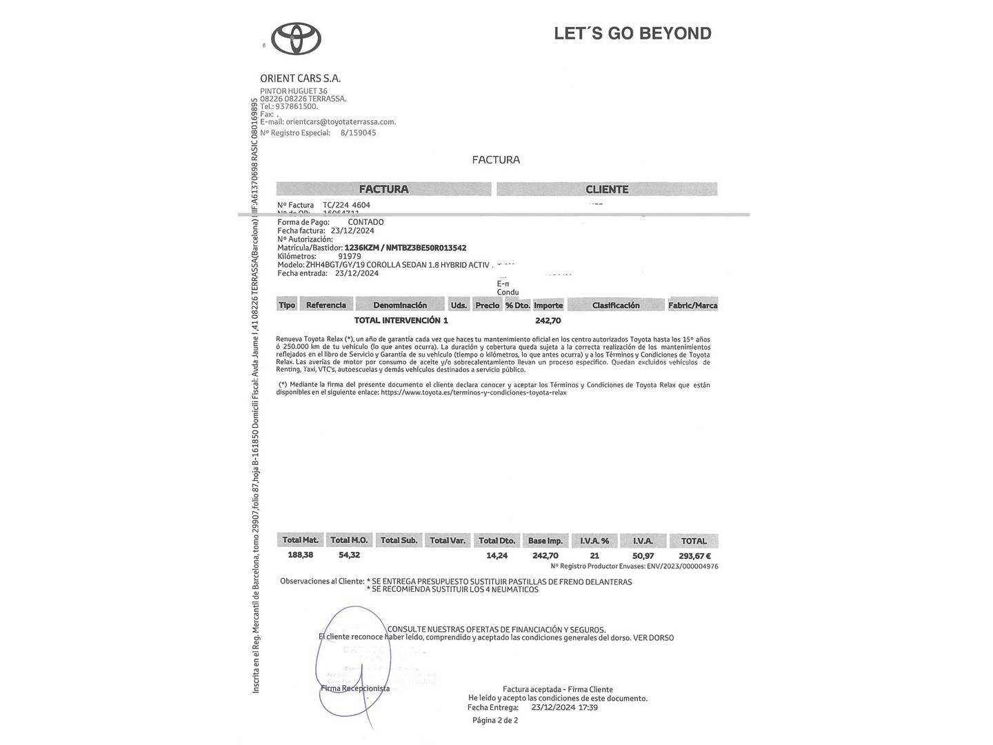 Foto del mantenimiento del Toyota Corolla Toyota Corolla 1.8 125 Híbrido Active Tech E-CVT Sedán (122 CV)