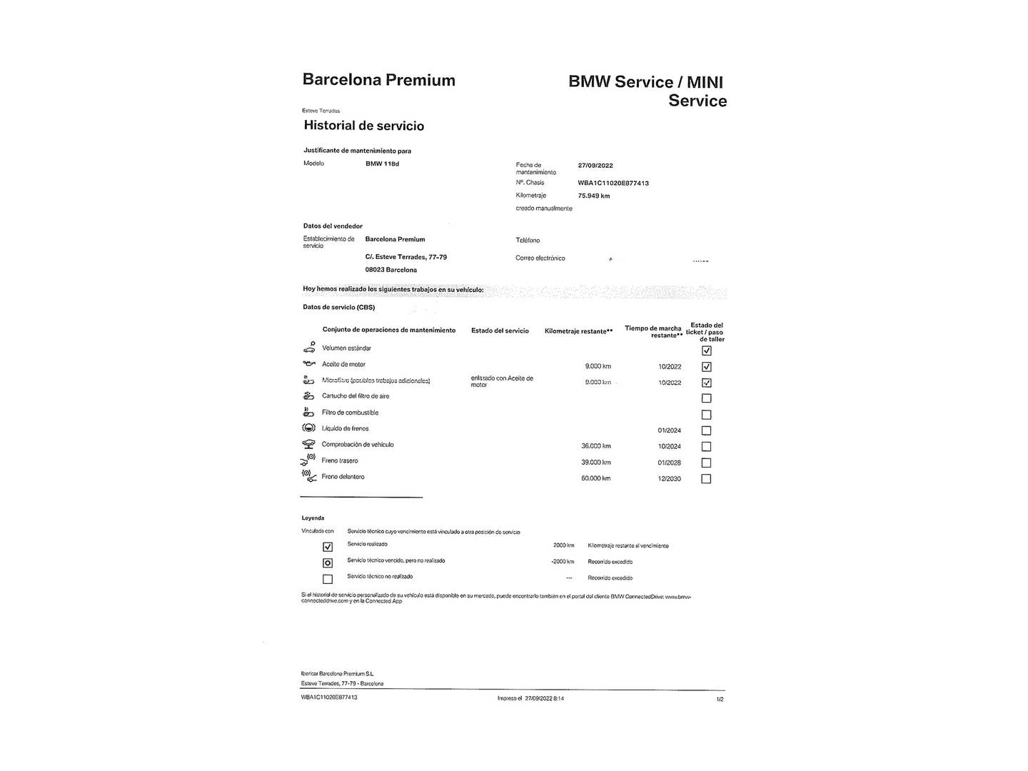 Foto del mantenimiento del BMW Serie 1 BMW Serie 1 118d (143 CV)