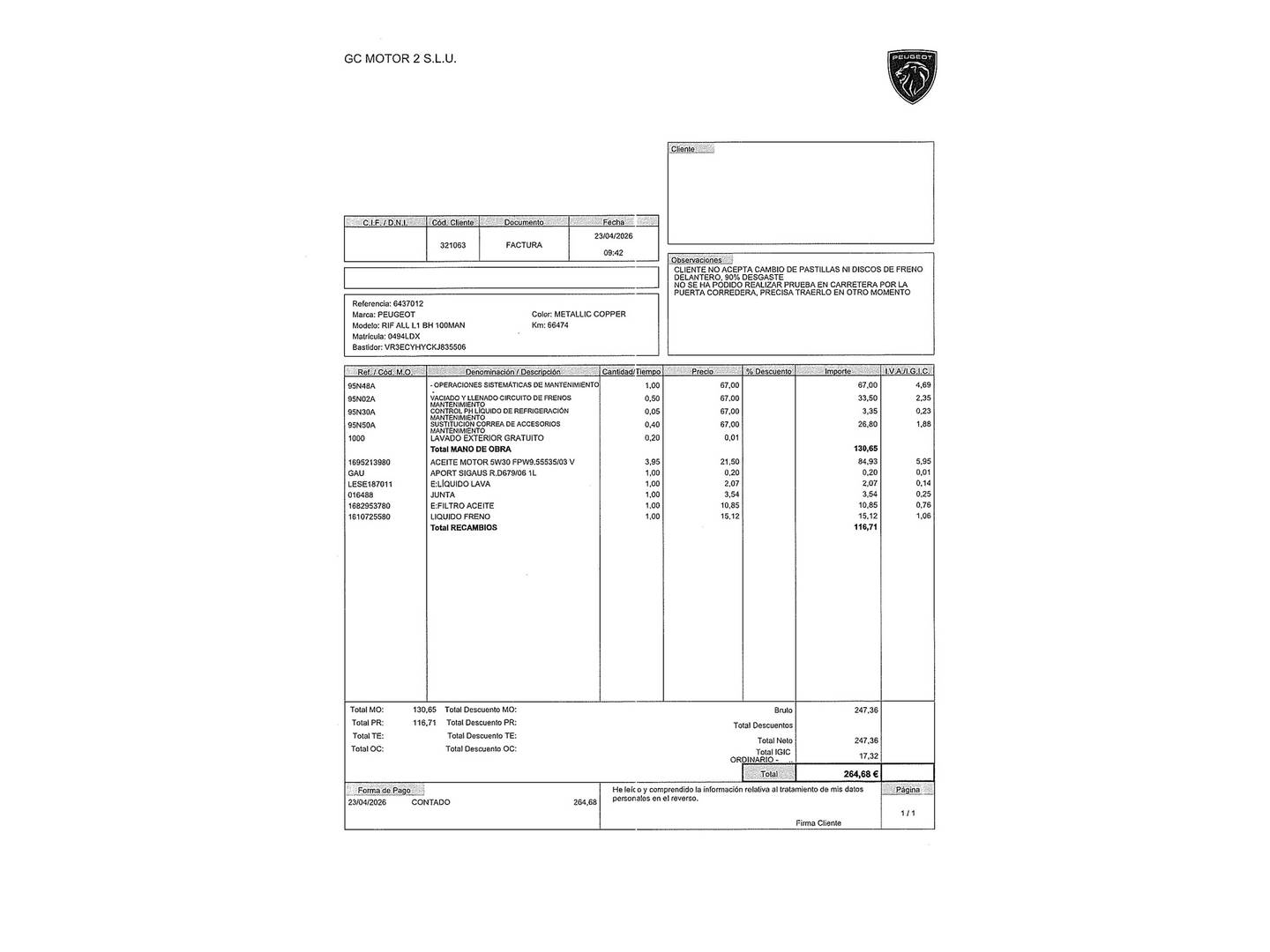 Foto del mantenimiento del Peugeot Rifter Peugeot Rifter BlueHDi 100 S&S Allure Standard (100 CV)