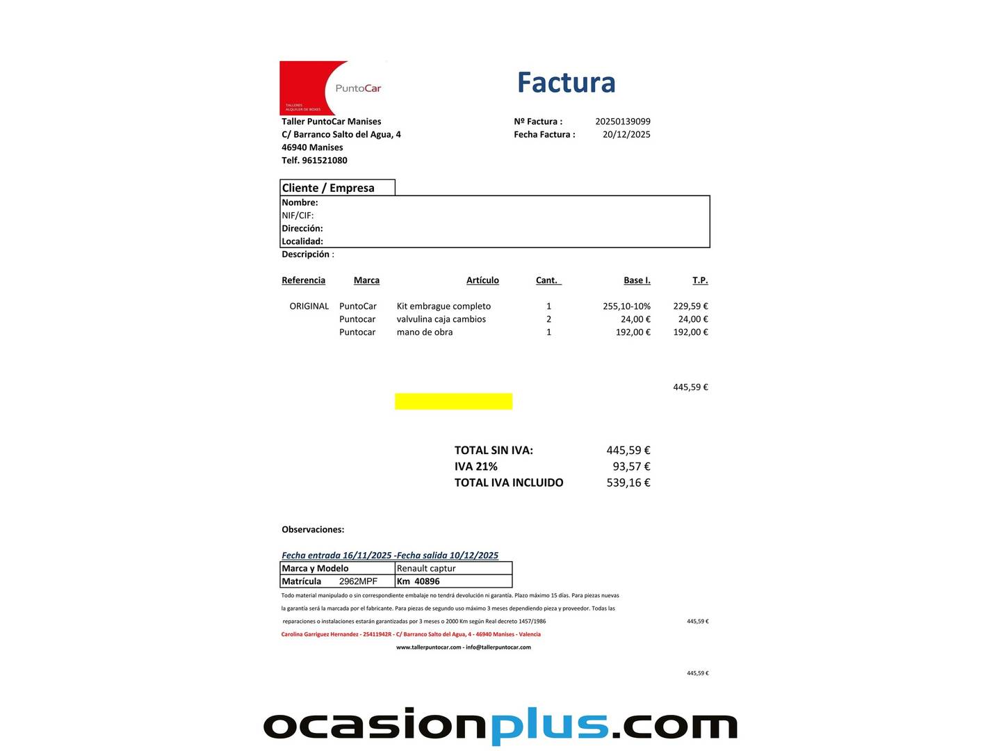 Foto del mantenimiento del Renault Captur Renault Captur Techno TCe (90 CV)