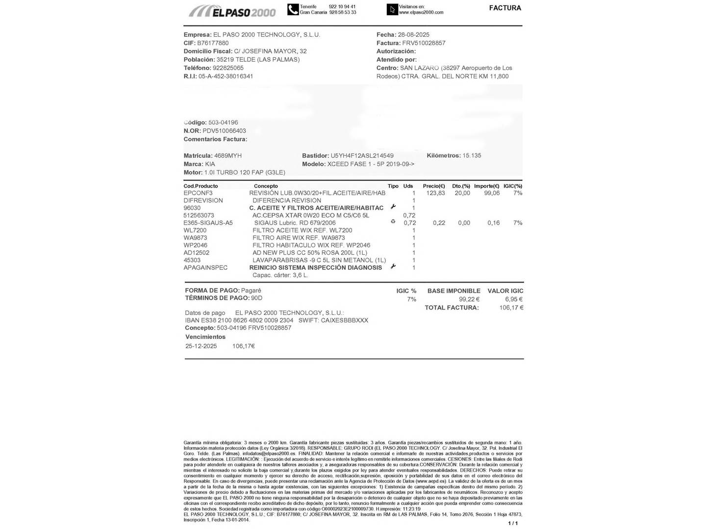 Foto del mantenimiento del KIA XCeed KIA XCeed 1.0 T-GDi Drive (100 CV)