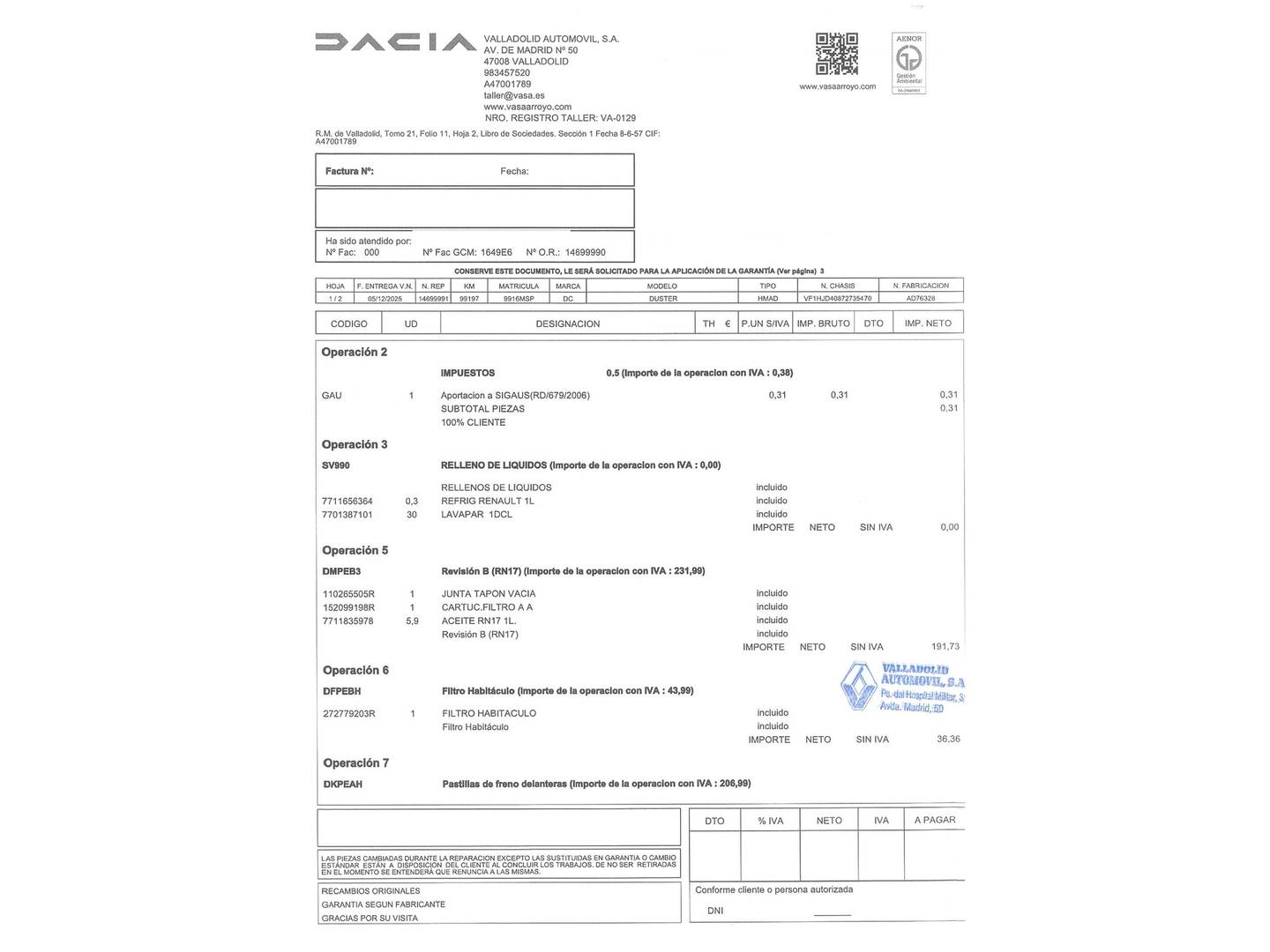 Foto del mantenimiento del Dacia Duster Dacia Duster Expression Blue dCi (115 CV) 4X4
