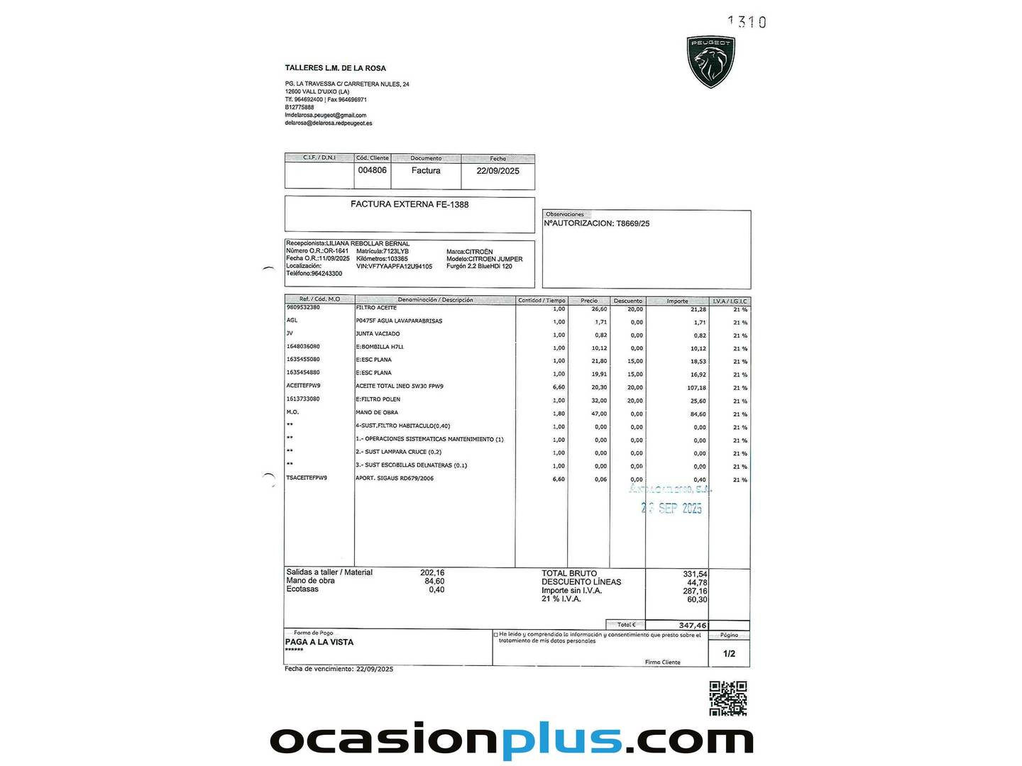 Foto del mantenimiento del Citroën Jumper Citroën Jumper BlueHDi (120CV) Furgón 30L1H1