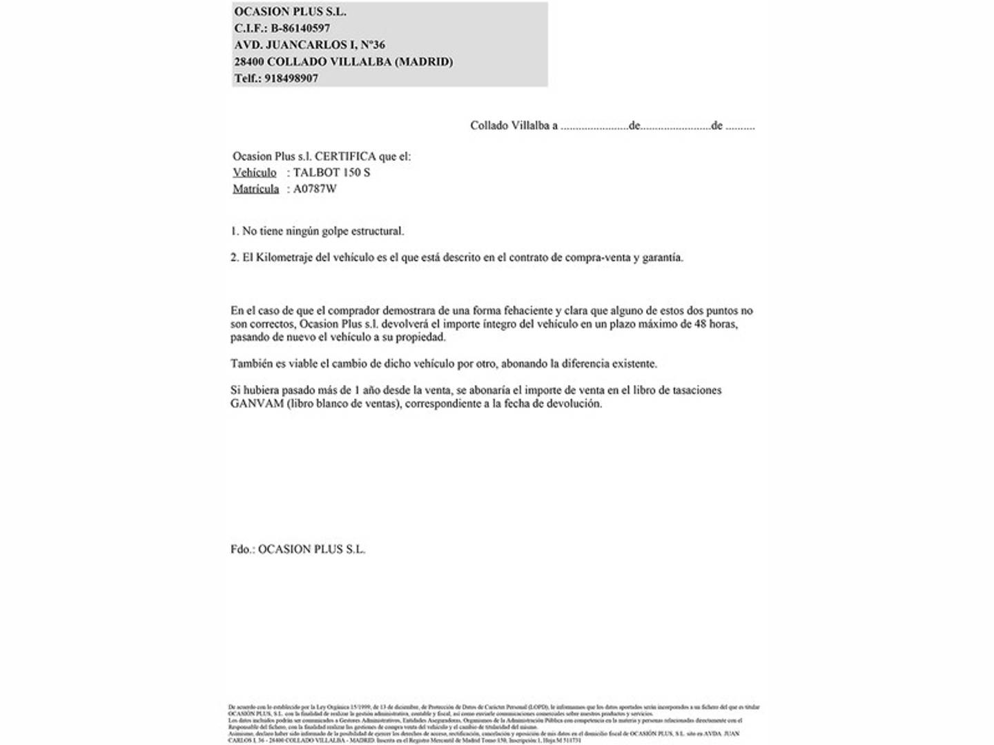 Foto del certificado del Talbot 150 S Talbot 150 S (84 CV)