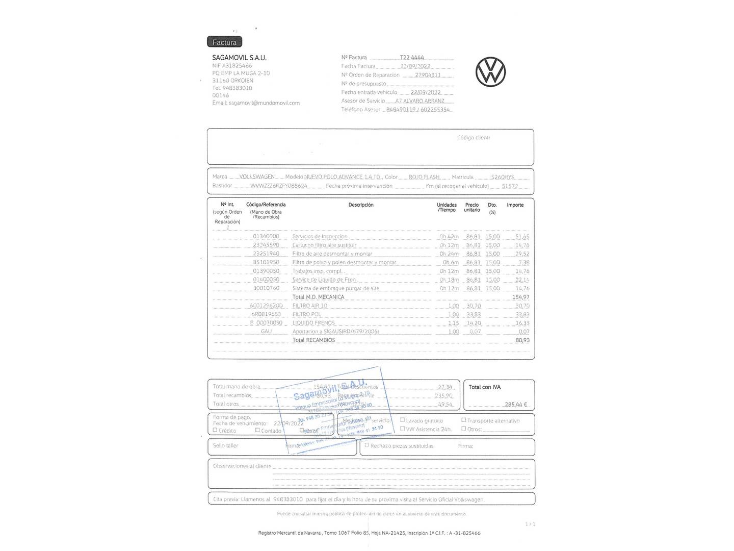 Foto del mantenimiento del Volkswagen Polo Volkswagen Polo Advance 1.4 TDI BMT (90 CV)