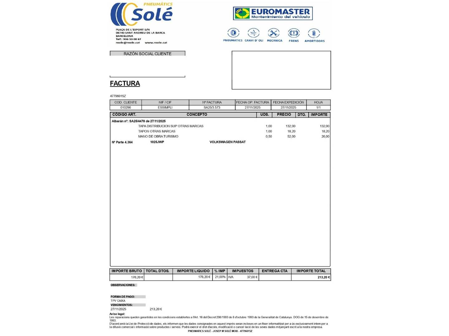 Foto del mantenimiento del Volkswagen Passat Volkswagen Passat Sport 1.8 TSI BMT (180 CV) DSG Pack R-line