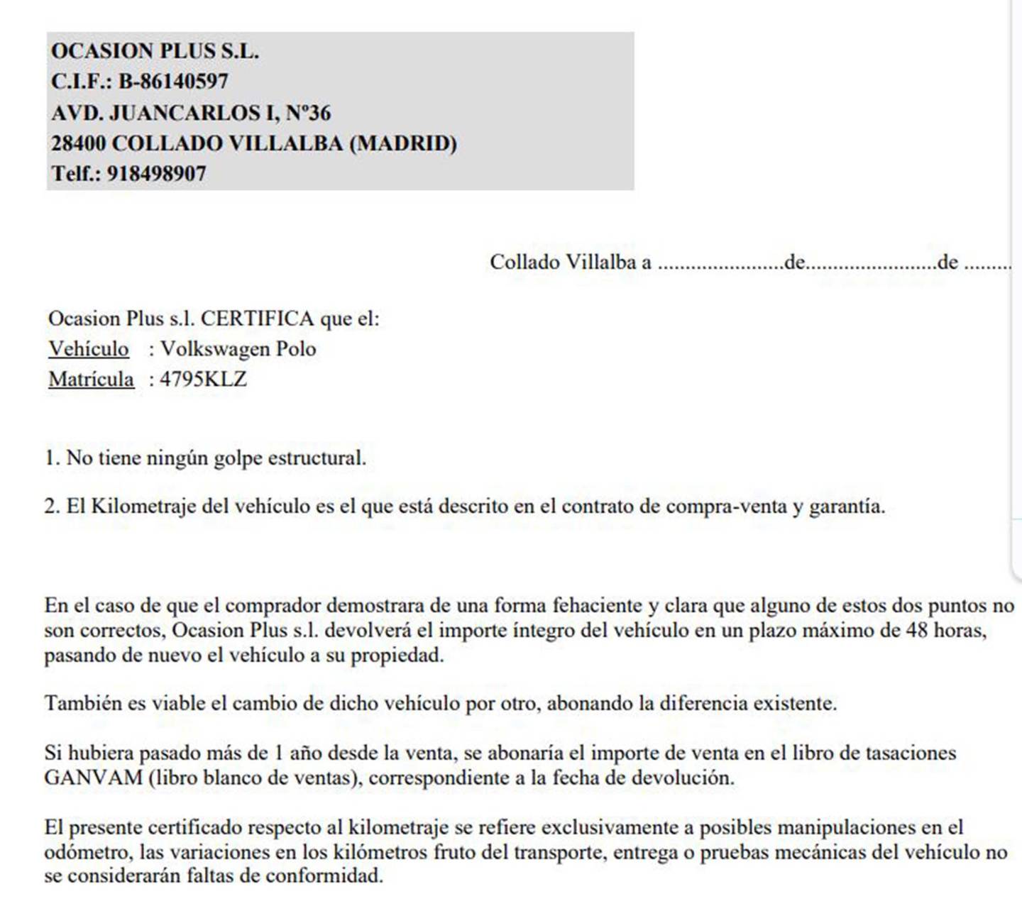 Foto del certificado del Volkswagen Polo Volkswagen Polo Advance 1.0 TSI (95 CV)